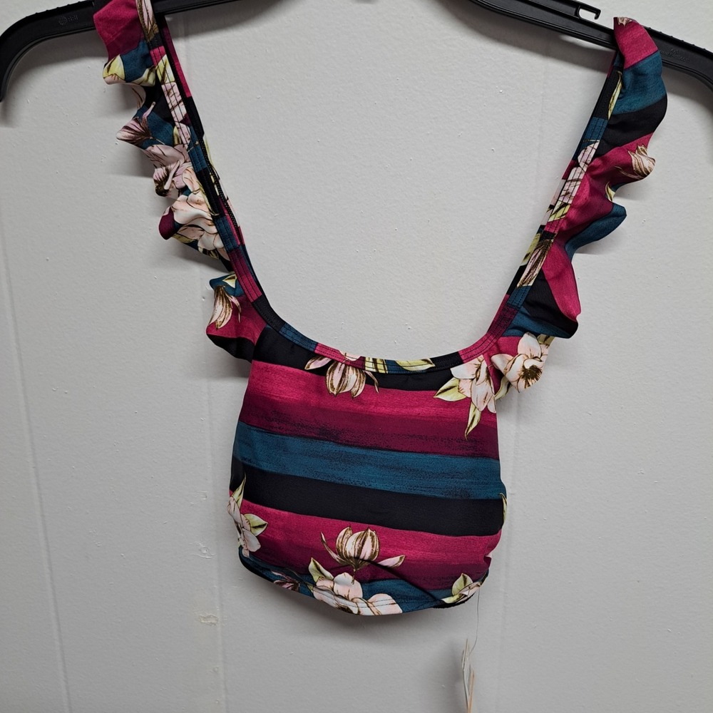 Hula Honey Floral Ruffle Bikini Top S Pink Blue Strappy Back NWT